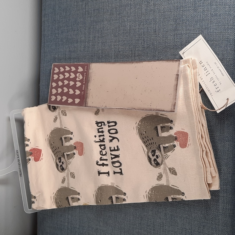 Love You Sloth Kitchen Dish Hand Towel Magnetic List Pad Notepad Set Gift NWT
